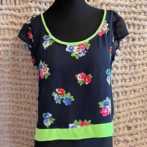 Hollister Navy Blue Sheer Floral Top - Bright Neon Trim Size Medium